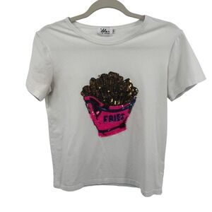 Lola + The Boys French Fries Sequin T-Shirt Kids Size 14 White Fair Condition